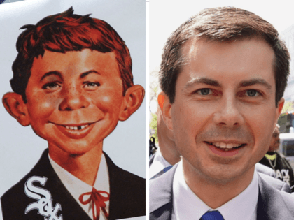 Alfred E. Neuman and Pete Buttigieg (Jonathan Daniel/Getty and TIMOTHY A. CLARY/AFP/Getty)