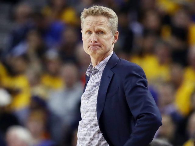 OAKLAND, CALIFORNIA - MAY 14: Head coach Steve Kerr of the Golden State Warriors reacts during the second half against the Portland Trail Blazers in game one of the NBA Western Conference Finals at ORACLE Arena on May 14, 2019 in Oakland, California. NOTE TO USER: User expressly acknowledges and …