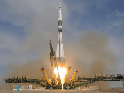 Russia's Soyuz MS-09 spacecraft carrying the members of the International Space Station (ISS) expedition 56/57, NASA astronaut Serena Aunon-Chancellor, Roscosmos cosmonaut Sergey Prokopyev and German astronaut Alexander Gerst, blasts off to the ISS from the launch pad at the Russian-leased Baikonur cosmodrome on June 6, 2018. (Photo by Vyacheslav OSELEDKO …
