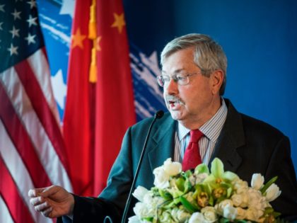 US Ambassador to China Terry Branstad speaks to guests and journalists during a promotiona