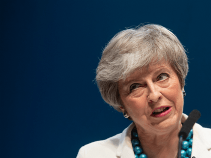 ABERDEEN, SCOTLAND - MAY 03: British Prime Minister Theresa May addresses the Scottish Conservative Party Conference at Aberdeen Exhibition and Conference Centre on May 3, 2019 in Aberdeen, Scotland. The Prime Minister addressed the conference the day after her party lost hundreds of seats in local elections that took place …