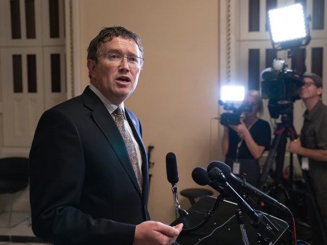 Rep. Thomas Massie, R-Ky., speaks to reporters at the Capitol after he blocked a unanimous consent vote on a long-awaited $19 billion disaster aid bill in the chamber on Tuesday, May 28, 2019. (AP Photo/J. Scott Applewhite)