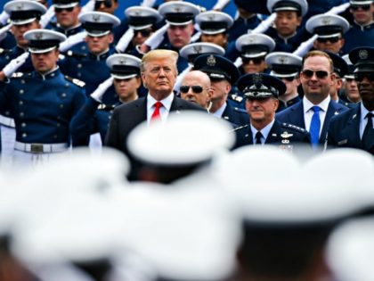 COLORADO SPRINGS, CO - MAY 30: President Donald Trump watches as graduating cadets march into Falcon Stadium for the United States Air Force Academy commencement ceremony on May 30, 2019 in Colorado Springs, Colorado. (Photo by Michael Ciaglo/Getty Images)