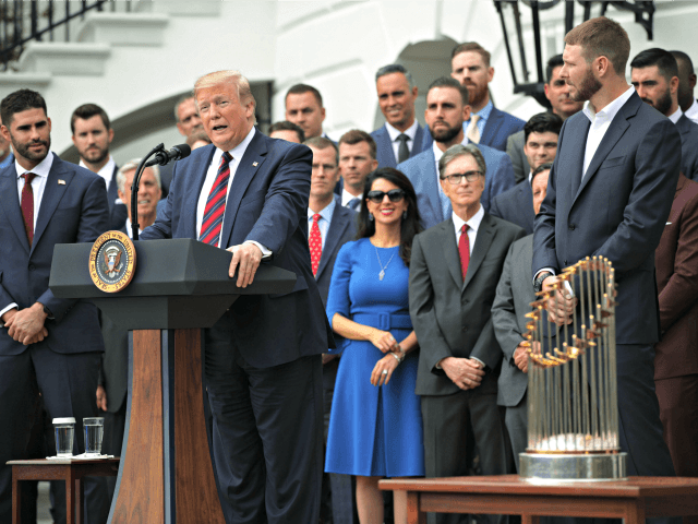 WASHINGTON, DC - MAY 09: U.S. President Donald Trump speaks as right fielder J.D. Martinez