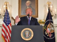 US President Donald Trump addresses the nation on the situation in Syria April 13, 2018 at the White House in Washington, DC. Trump said strikes on Syria are under way. / AFP PHOTO / Mandel NGAN (Photo credit should read MANDEL NGAN/AFP/Getty Images)