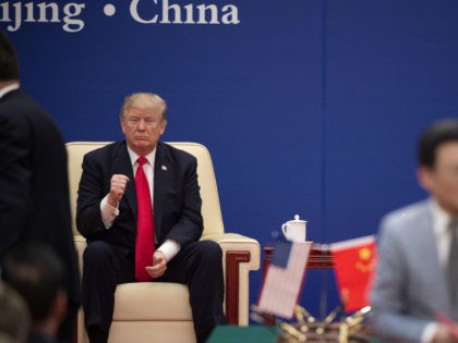 US President Donald Trump (L) gestures during a business leaders event with China's Presid