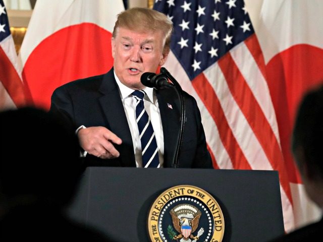 President Donald Trump speaks as he meets with Japanese business leaders, Saturday, May 25
