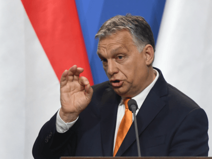 Hungarian Prime Minister Viktor Orban addresses a joint press conference in the Carmelite