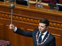 Ukraine President Volodymyr Zelensky holds Bulava, the Ukrainian symbol of power, during his inauguration ceremony at the parliament in Kiev on May 20, 2019. (Photo by Genya SAVILOV / AFP) (Photo credit should read GENYA SAVILOV/AFP/Getty Images)
