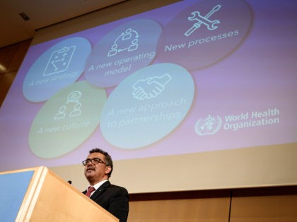 World Health Organization (WHO) Director-General Tedros Adhanom Ghebreyesus delivers a speech on the opening day of the World Health Assembly on May 20, 2019 at the United Nations Offices in Geneva. (Photo by Fabrice COFFRINI / AFP) (Photo credit should read FABRICE COFFRINI/AFP/Getty Images)