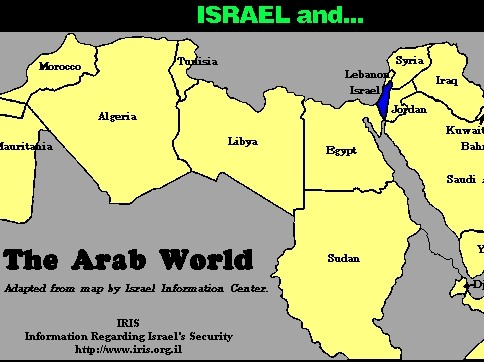 Israel is shown in blue. Mauritania, Sudan and Somalia are somewhat cut off at the edge of the map (Image via Information Regarding Israel's Security).
