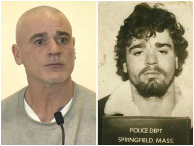 George Perrot appearing in court Monday morning (WBZ-TV), right. Perrot's 1985 mugshot (Sp