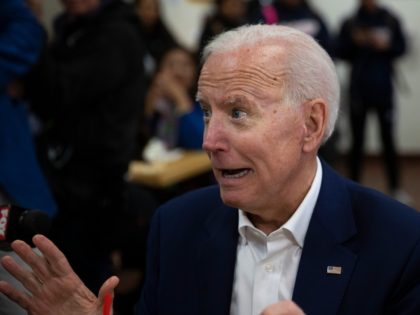 Former vice president and Democratic presidential candidate Joe Biden jokingly reacts to a comment made by a patron at King Taco Wednesday, May 8, 2019, in Los Angeles. (AP Photo/Jae C. Hong)