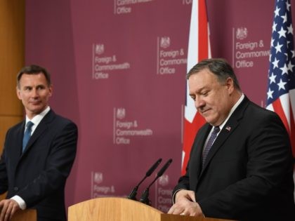 LONDON, ENGLAND - MAY 08: US Secretary of State Mike Pompeo attends a joint press conference with Foreign Secretary Jeremy Hunt at Foreign & Commonwealth Office, on May 8, 2019 in London, England. (Photo by Chris J Ratcliffe/Getty Images)