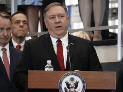 Secretary of State Mike Pompeo announces a new 'ethos' statement as he addresses employees in the lobby staircase of the U.S. State Department headquarters in Washington, Friday, April 25, 2019. (AP Photo/Pablo Martinez Monsivais)