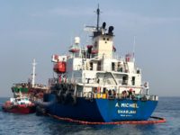 This photo provided by the United Arab Emirates' National Media Council shows the Emirati-flagged bunkering tanker A. Michel off the coast of Fujairah, United Arab Emirates, Monday, May 13, 2019. Two Saudi oil tankers and a Norwegian-flagged vessel were damaged in what Gulf officials described Monday as a "sabotage" attack …