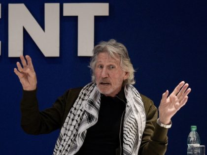 British rock icon and activist Roger Waters, gestures during a conference on Palestinian s