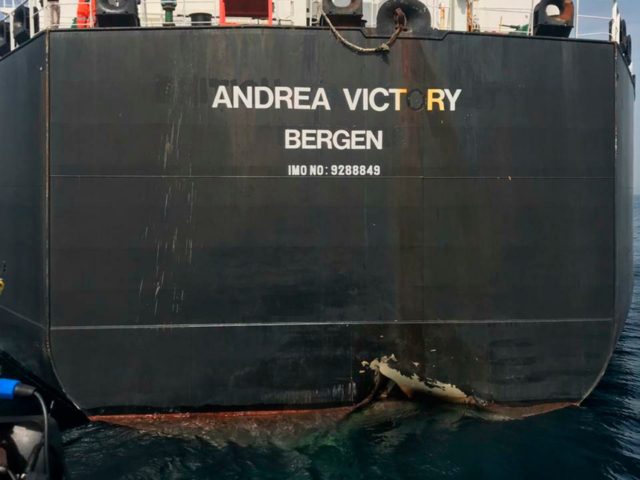 This photo provided by the United Arab Emirates' National Media Council shows the Norwegian-flagged oil tanker MT Andrea Victory off the coast of Fujairah, United Arab Emirates, Monday, May 13, 2019. Two Saudi oil tankers and a Norwegian-flagged vessel were damaged in what Gulf officials described Monday as a "sabotage" …