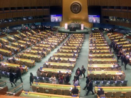 Diplomats from the Lima Group (front and R) leave the United Nations General Assembly in p