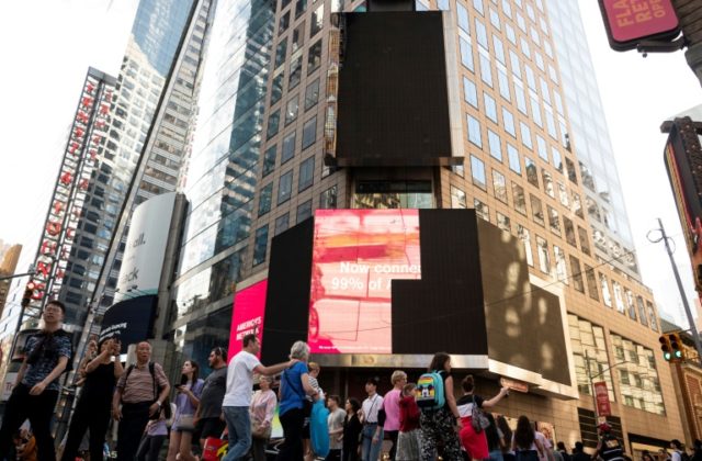 Billboard in New York's Times Square catches fire