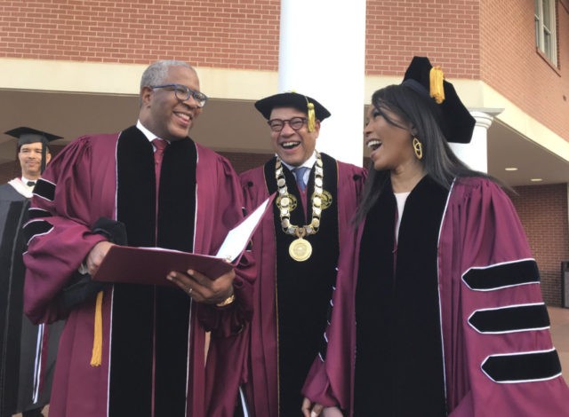 Student Debt Pledge Robert F. Smith, left, laughs with David Thomas, center, and actress Angela Bassett at Morehouse College on Sunday, May 19, 2019, in Atlanta. Smith, a billionaire technology investor and philanthropist, said he will provide grants to wipe out the student debt of the entire graduating class at Morehouse College an estimated $40 million. Smith, this year's commencement speaker, made the announcement Sunday morning while addressing nearly 400 graduating seniors of the all male historically black college in Atlanta. (Bo Emerson/Atlanta Journal Constitution via AP) The Associated Press