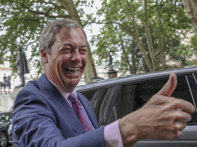 Brexit Party leader Nigel Farage arrives at the party's HQ, prior to an event to mark the gains his party made in the European Elections, in London, Monday, May 27, 2019. In results announced Monday for all regions of the U.K. except Northern Ireland, the Brexit Party had won 29 …