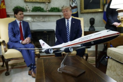 A model of the new Air Force One design sits on a table during a meeting between President Donald Trump and Canadian Prime Minister Justin Trudeau in the Oval Office of the White House, Thursday, June 20, 2019, in Washington. (AP Photo/Evan Vucci)