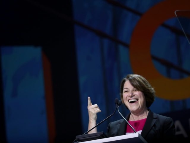 SAN FRANCISCO, CALIFORNIA - JUNE 01: Democratic presidential candidate U.S. Sen. Amy Klobuchar (D-MN) speaks during the California Democrats 2019 State Convention at the Moscone Center on June 01, 2019 in San Francisco, California. Several Democratic presidential candidates are speaking at the California Democratic Convention that runs through Sunday. (Photo …