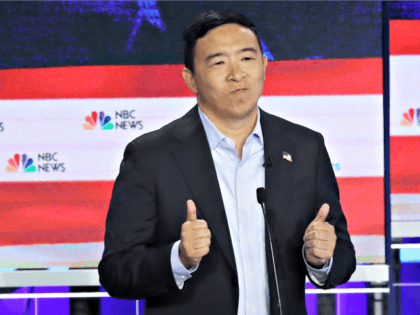 MIAMI, FLORIDA - JUNE 27: Democratic presidential candidate former tech executive Andrew Yang speaks during the second night of the first Democratic presidential debate on June 27, 2019 in Miami, Florida. A field of 20 Democratic presidential candidates was split into two groups of 10 for the first debate of …