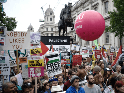 LONDON, ENGLAND - JUNE 04: A crowd of protesters during a demonstration on Whitehall during the second day of U.S. President Donald Trump's State Visit on June 4, 2019 in London, England. President Trump's three-day state visit began with lunch with the Queen, followed by a State Banquet at Buckingham …