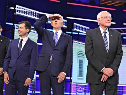 MIAMI, FLORIDA - JUNE 27: Former Vice President Joe Biden (2nd-R), Sen. Bernie Sanders (I-