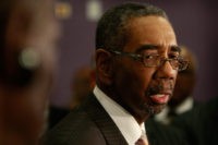 CHICAGO - MARCH 01: Congressman Bobby Rush (D-IL) addresses the media in support of U.S. Senator Roland Burris (D-IL), prior to a prayer and support service at the New Covenant Baptist Church March 1, 2009 in Chicago, Illinois. Many Illinois lawmakers are calling for Burris, who was appointed to the …