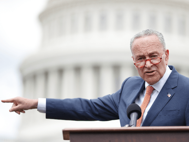 Senate Minority Leader Chuck Schumer (D-N.Y.) delivers remarks during a press conference w