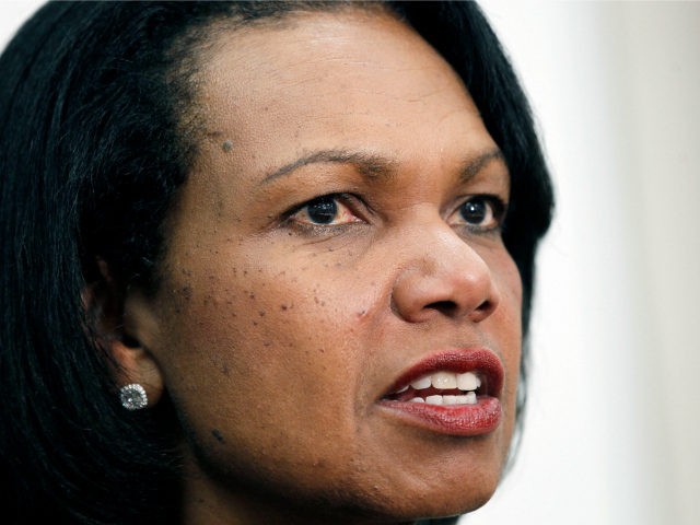 Former Secretary of State Condoleezza Rice answers questions from reporters about the issu