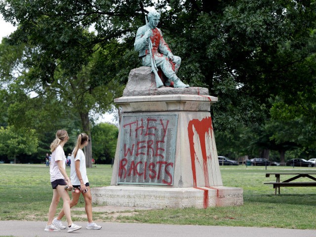 Confederate statues People walk past a monument to Confederate soldiers in Centennial Park Monday, June 17, 2019, in Nashville, Tenn. Police discovered Monday the monument was vandalized with red paint and the phrase "They were racists" was painted over the names of Civil War soldiers. (AP Photo/Mark Humphrey)