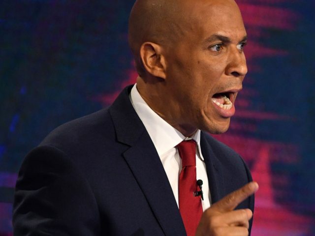 Democratic presidential hopeful US Senator from New Jersey Cory Booker speaks during the f