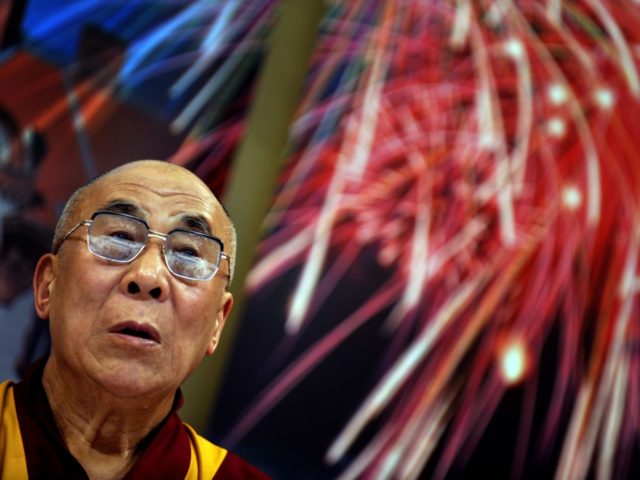 Tibetan spiritual leader The Dalai Lama looks on during his public lecture in Tabor hall i