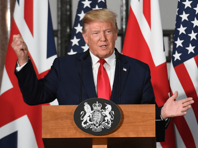US President Donald Trump speaks during a joint press conference with Britain's Prime Minister Theresa May (unseen) at the Foreign and Commonwealth Office (FCO) in central London on June 4, 2019, on the second day of the US president's three-day State Visit to the UK. - US President Donald Trump …