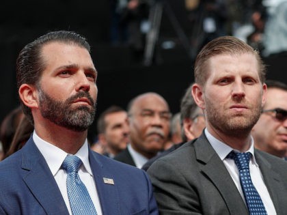 US businessmen and sons of the US president Donald Trump Jr. (L) and Eric Trump attend a French-US ceremony at the Normandy American Cemetery and Memorial in Colleville-sur-Mer, Normandy, northwestern France, on June 6, 2019, as part of D-Day commemorations marking the 75th anniversary of the World War II Allied …