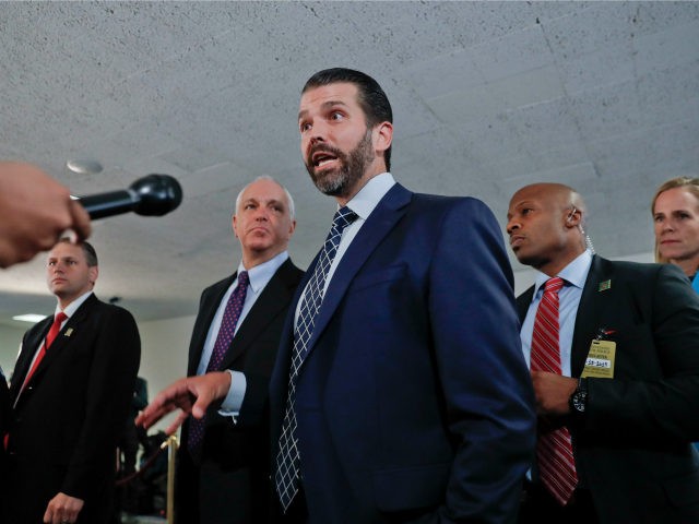 Donald Trump Jr., the son of President Donald Trump, stops to speak to members of the media after having met privately with members of the Senate Intelligence Committee on Capitol Hill on Washington, Wednesday, June 12, 2019 (AP Photo/Pablo Martinez Monsivais)