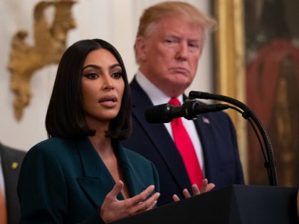 Kim Kardashian speaks as US President Donald Trump holds an event on second chance hiring and criminal justice reform in the East Room of the White House in Washington, DC, June 13, 2019. (Photo by SAUL LOEB / AFP) (Photo credit should read SAUL LOEB/AFP/Getty Images)