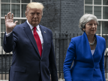 LONDON, ENGLAND - JUNE 04: U.S. President Donald Trump and British Prime Minister Theresa May leave 10 Downing Street for the Foreign and Commonwealth Office during the second day of his State Visit on June 4, 2019 in London, England. President Trump's three-day state visit began with lunch with the …