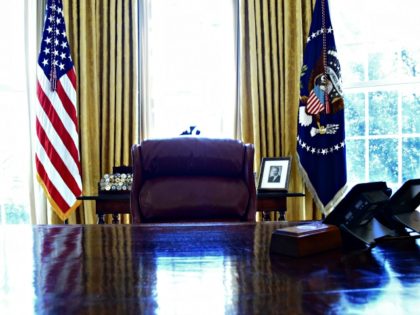 WASHINGTON, DC - MARCH 5: (AFP OUT) The Resolute desk as U.S. President Donald Trump (R) and Israel Prime Minister Benjamin Netanyahu meet in the Oval Office of the White House March 5, 2018 in Washington, DC. The prime minister is on an official visit to the US until the …