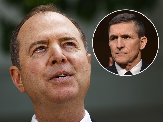 (INSET: Michael Flynn) BURBANK, CALIFORNIA - APRIL 18: Chairman of the House Intelligence Committee Adam Schiff speaks at a press conference discussing today's release of the redacted Mueller report on April 18, 2019 in Burbank, California. Politicians, journalists and citizens alike are reading the highly anticipated report for the first …