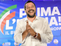 Italian Deputy Prime Minister and Interior Minister Matteo Salvini gestures at the end of a press conference in the Lega headquarters in northern Milan following the results of the European parliamentary elections, on May 27, 2019. - Matteo Salvini's anti-migrant League party won the most votes on May 26 in …