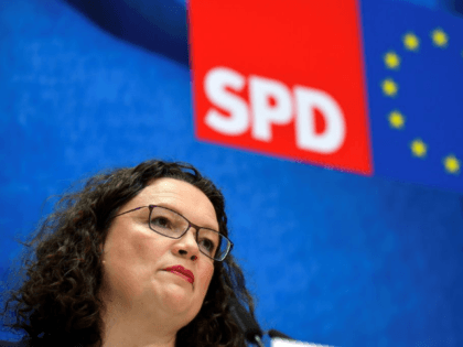 Andrea Nahles, leader of Germany's social democratic SPD party, speaks during a press conference following her party's leadership meeting in Berlin on May 27, 2019, one day after European parliamentary elections. - Voters handed German Chancellor Merkel's conservative CDU party and its centre-left coalition partner the Social Democratic Party (SPD) …