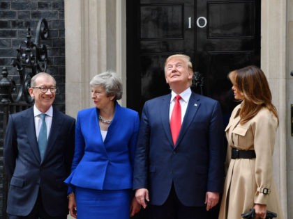 LONDON, ENGLAND - JUNE 04: Prime Minister Theresa May and husband Philip May welcome US President Donald Trump and First Lady Melania Trump to 10 Downing Street, during the second day of his State Visit on June 4, 2019 in London, England. President Trump's three-day state visit began with lunch …