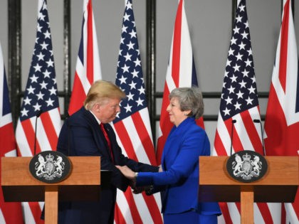 LONDON, ENGLAND - JUNE 04: Prime Minister Theresa May and US President Donald Trump attend a joint press conference at the Foreign & Commonwealth Office during the second day of his State Visit on June 4, 2019 in London, England. President Trump's three-day state visit began with lunch with the …