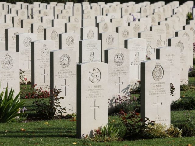 A picture shows graves at the Commonwealth Bayeux War Cemetery in Bayeux, Normandy, north-western France, on June 5, 2019, as part of D-Day commemorations marking the 75th anniversary of the World War II Allied landings in Normandy. (Photo by Ludovic MARIN / AFP) (Photo credit should read LUDOVIC MARIN/AFP/Getty Images)