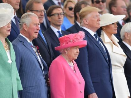 From left: Britain's Prime Minister Theresa May, Britain's Prince Charles, Prince of Wales, Britain's Queen Elizabeth II, US President Donald Trump, US First Lady Melania Trump, Greek President Prokopis Pavlopoulos, attend an event to commemorate the 75th anniversary of the D-Day landings, in Portsmouth, southern England, on June 5, 2019. …